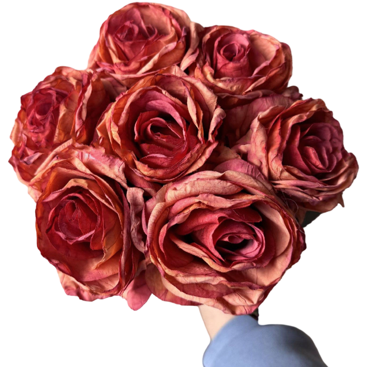 Burnt orange and deep red vintage-style faux rose bouquet with seven full rose stems and leaves