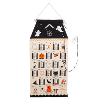 Halloween-themed calendar with black and white design on a white background