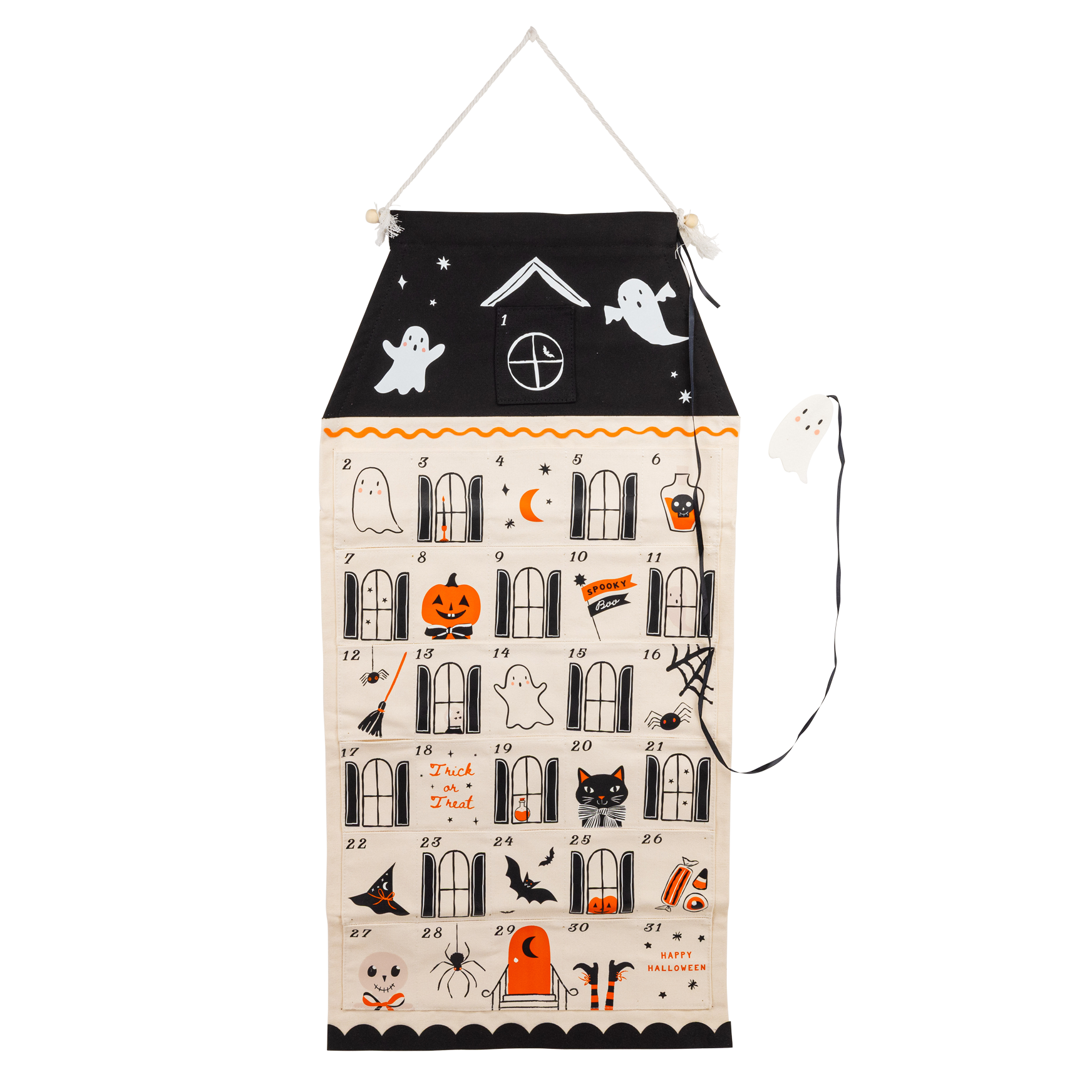 Halloween-themed calendar with black and white design on a white background
