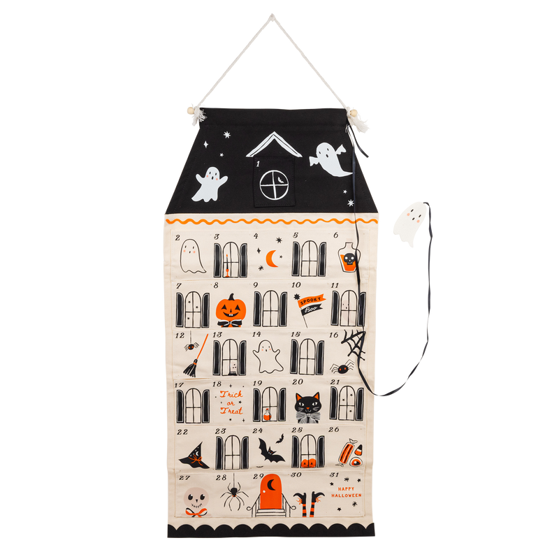 Halloween-themed calendar with black and white design on a white background