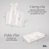 White travel bag with dimensions and text on a gray background