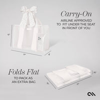 White travel bag with dimensions and text on a gray background
