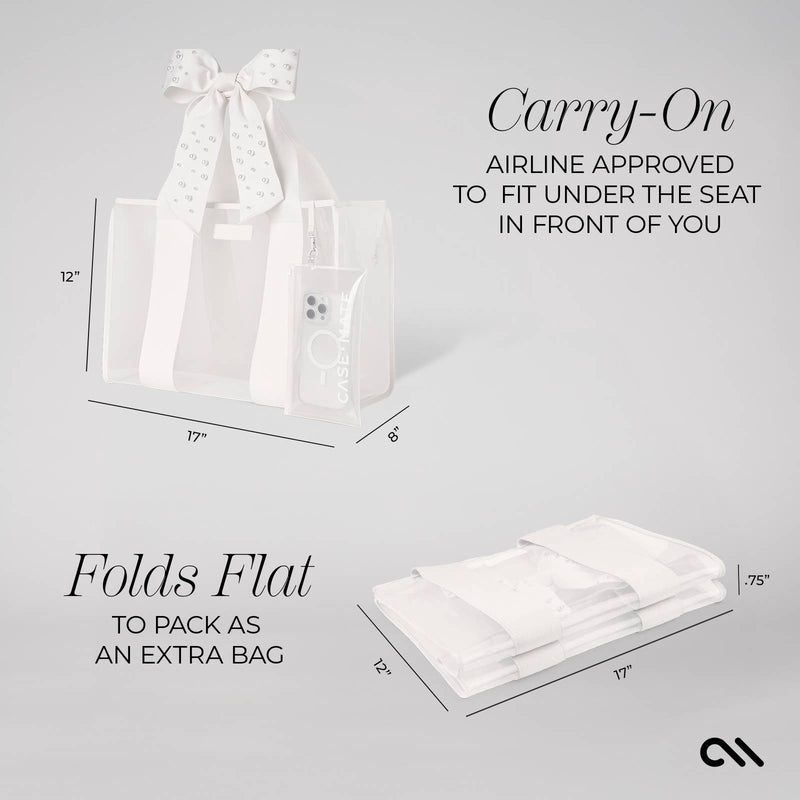 White travel bag with dimensions and text on a gray background