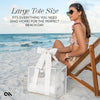 Woman on a beach with a large tote bag, text about tote size and beach day.