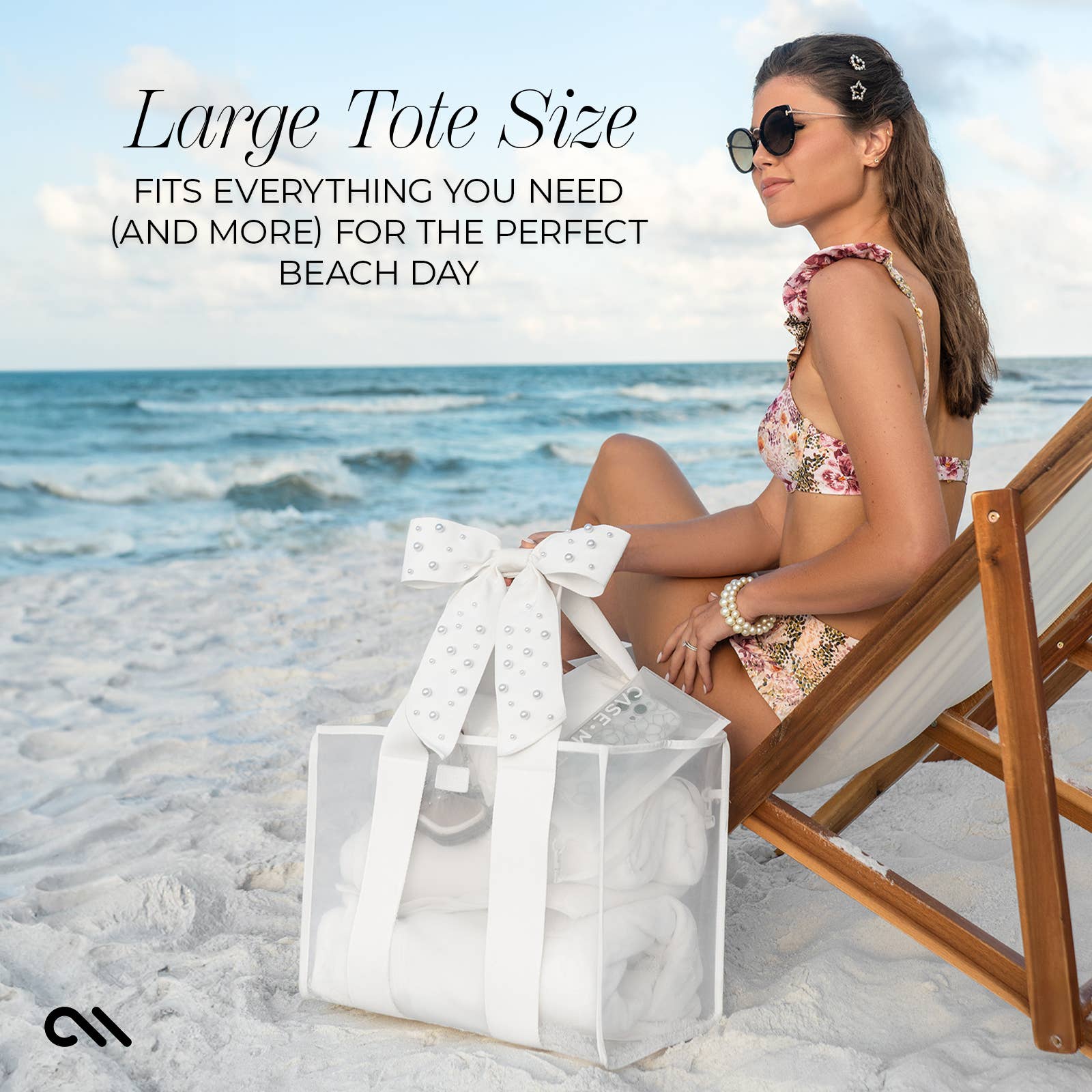 Woman on a beach with a large tote bag, text about tote size and beach day.