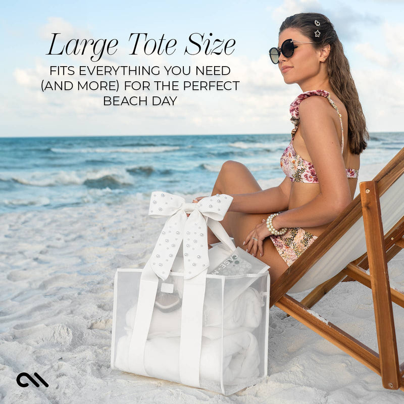 Woman on a beach with a large tote bag, text about tote size and beach day.