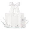 Clear product packaging with a decorative bow on a white background