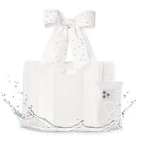 Clear product packaging with a decorative bow on a white background