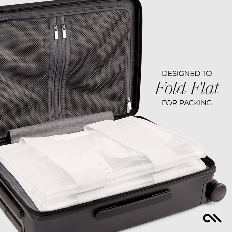 Black suitcase with white packing cubes inside, designed to fold flat for packing.