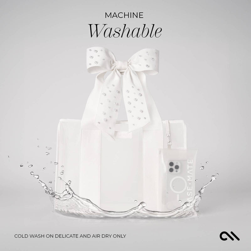 Product packaging with a bow on a gray background, labeled 'Machine Washable'.
