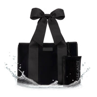 Black tote bag with a large bow and a black pouch labeled 'CASE-MATE' on a white background.