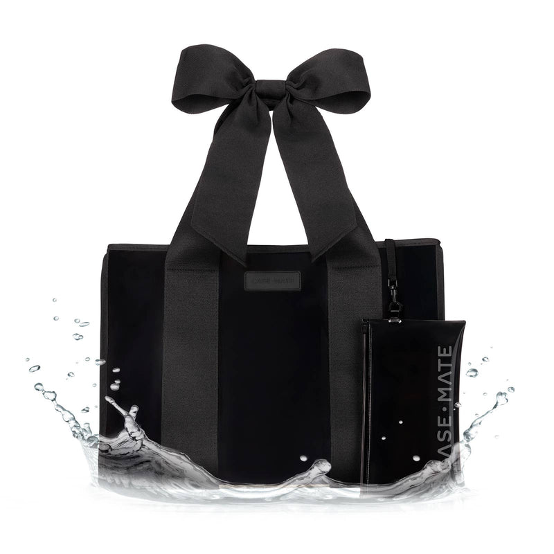Black tote bag with a large bow and a black pouch labeled 'CASE-MATE' on a white background.