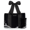 Black tote bag with a large bow and matching pouch on a white background