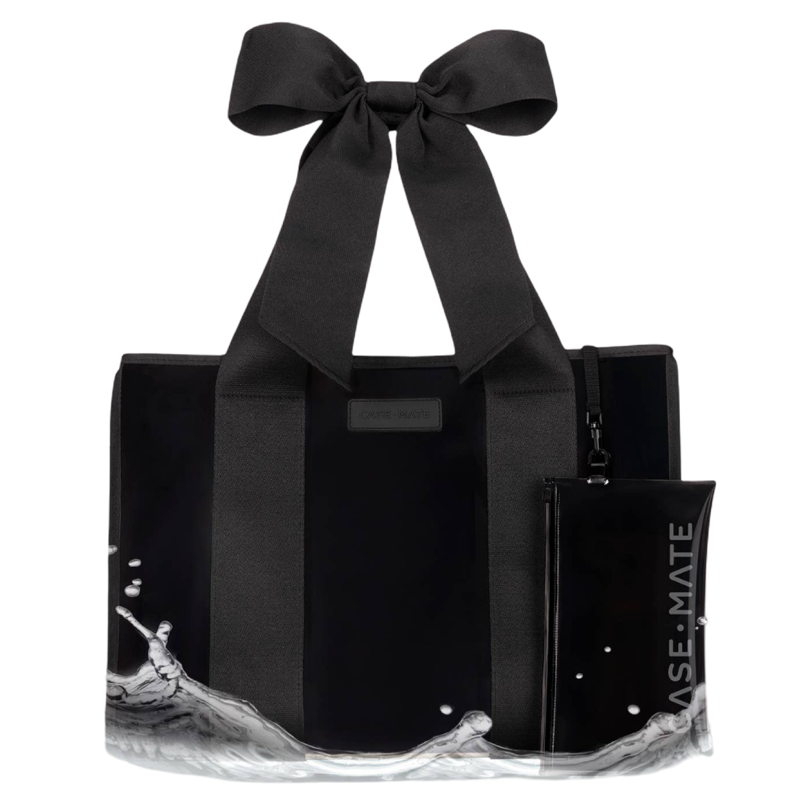 Black tote bag with a large bow and matching pouch on a white background