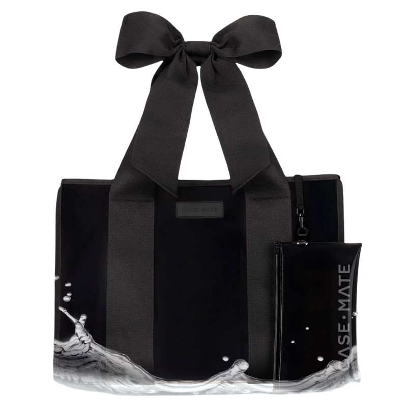 Black tote bag with a large bow and matching pouch on a white background