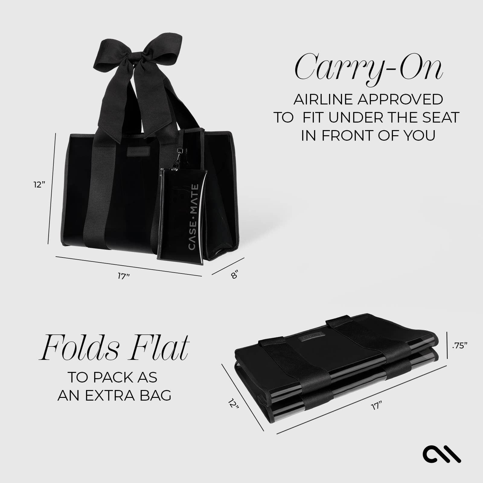 Black travel bag with dimensions and airline approval information on a white background