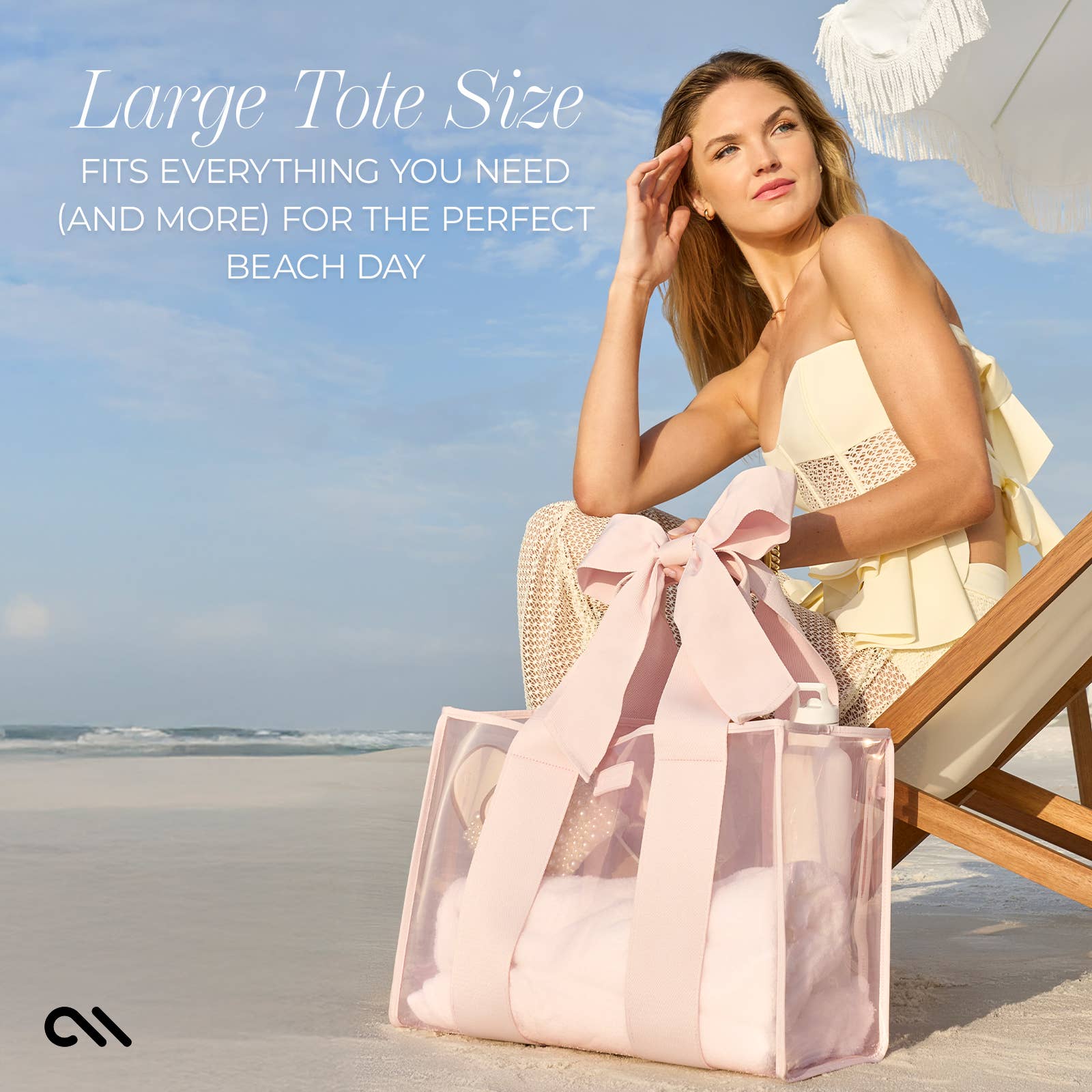 Woman sitting on a beach chair with a large tote bag, promotional text about tote size and beach day readiness.