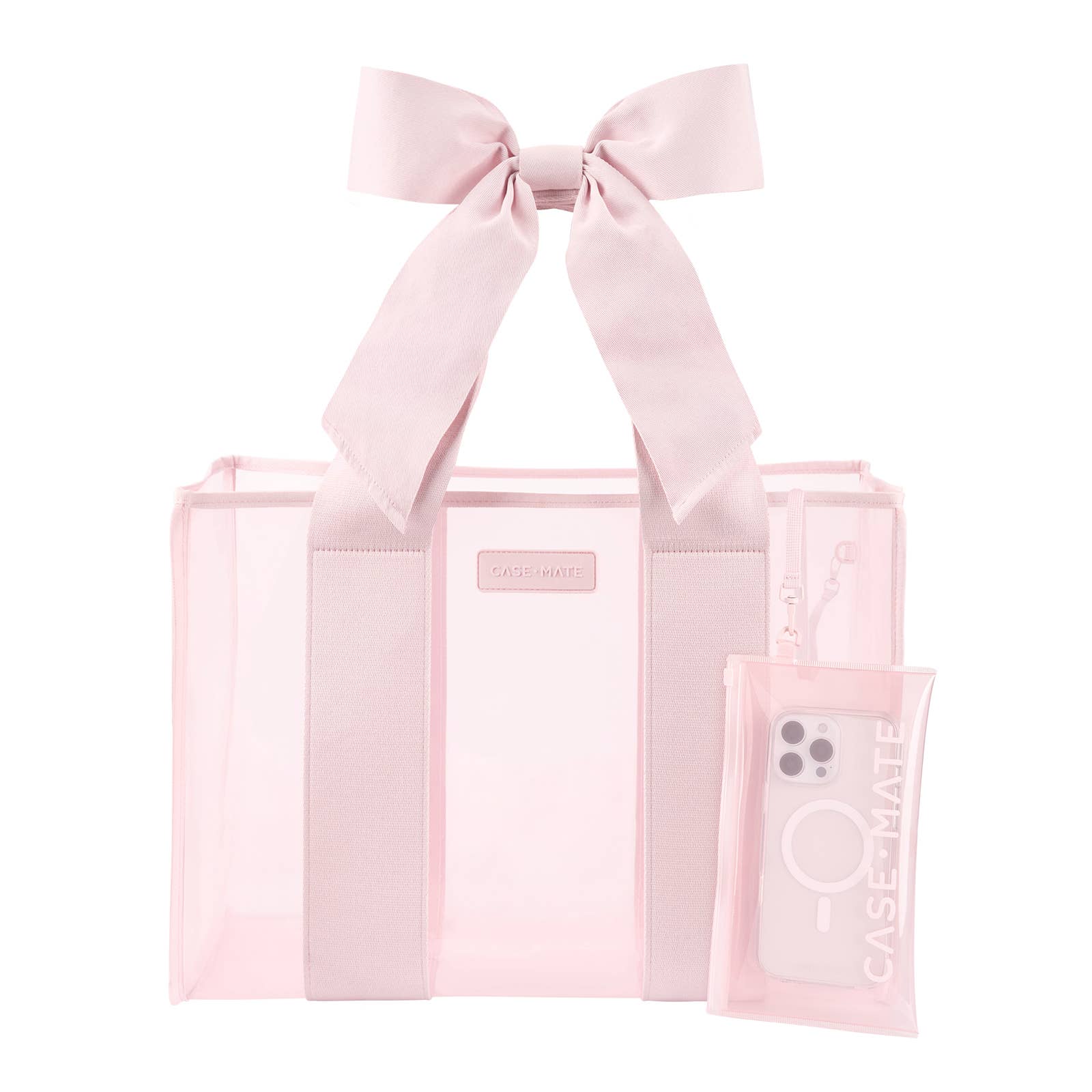 Pink tote bag with a bow and phone case on a white background