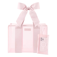 Pink tote bag with a bow and a phone case on a white background