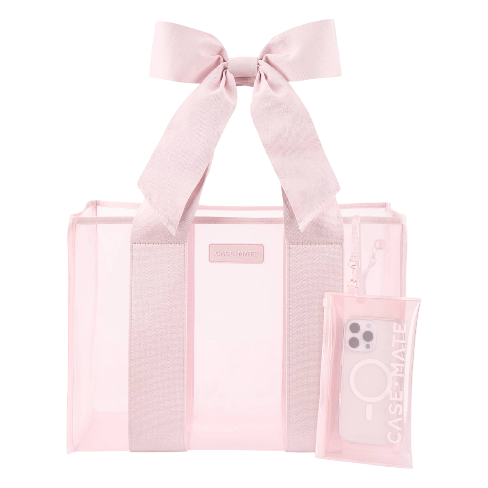 Pink tote bag with a bow and a phone case on a white background
