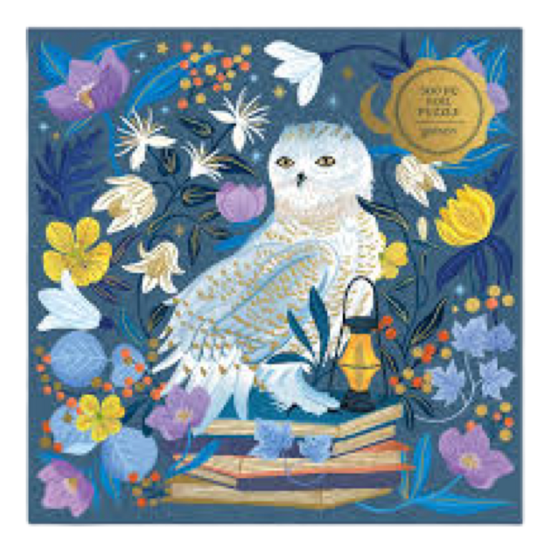 Puzzle box with an owl and floral design on a blue background