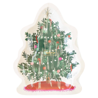 Christmas Baubles tree-shaped paper plates by My Mind's Eye featuring a vintage-inspired Christmas tree decorated with colorful ornaments, tinsel, and gold foil accents.