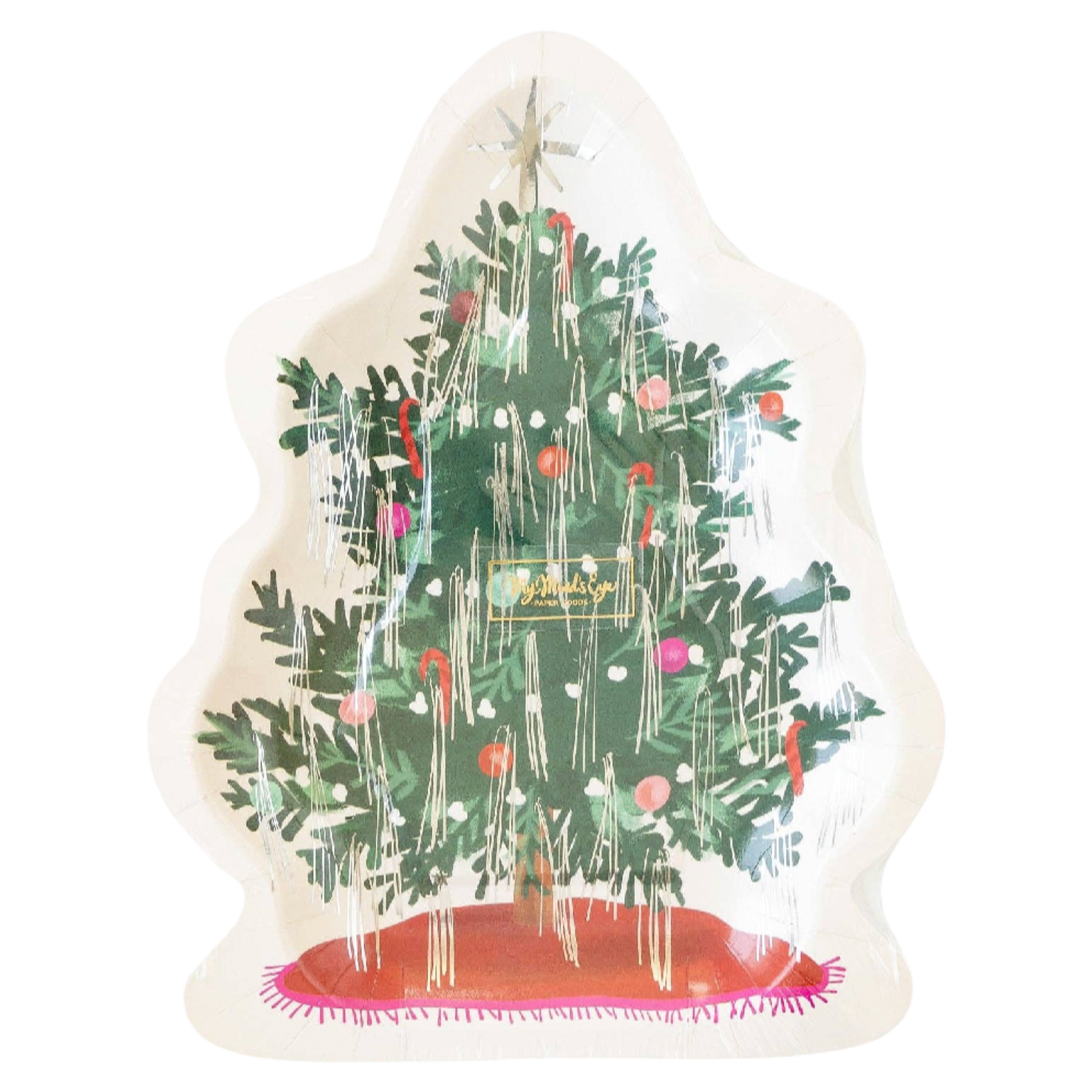 Christmas Baubles tree-shaped paper plates by My Mind's Eye featuring a vintage-inspired Christmas tree decorated with colorful ornaments, tinsel, and gold foil accents.