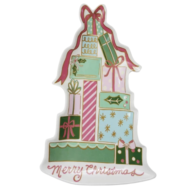 Decorative Christmas card with colorful gift boxes and 'Merry Christmas' text on a white background