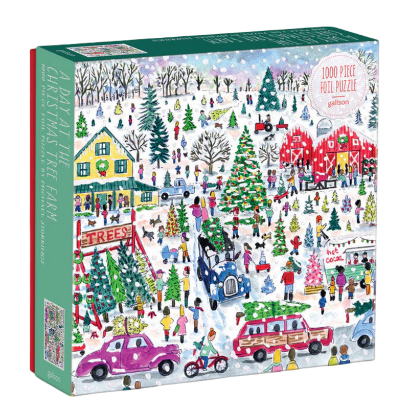 Jigsaw puzzle box with a festive Christmas scene design on a white background