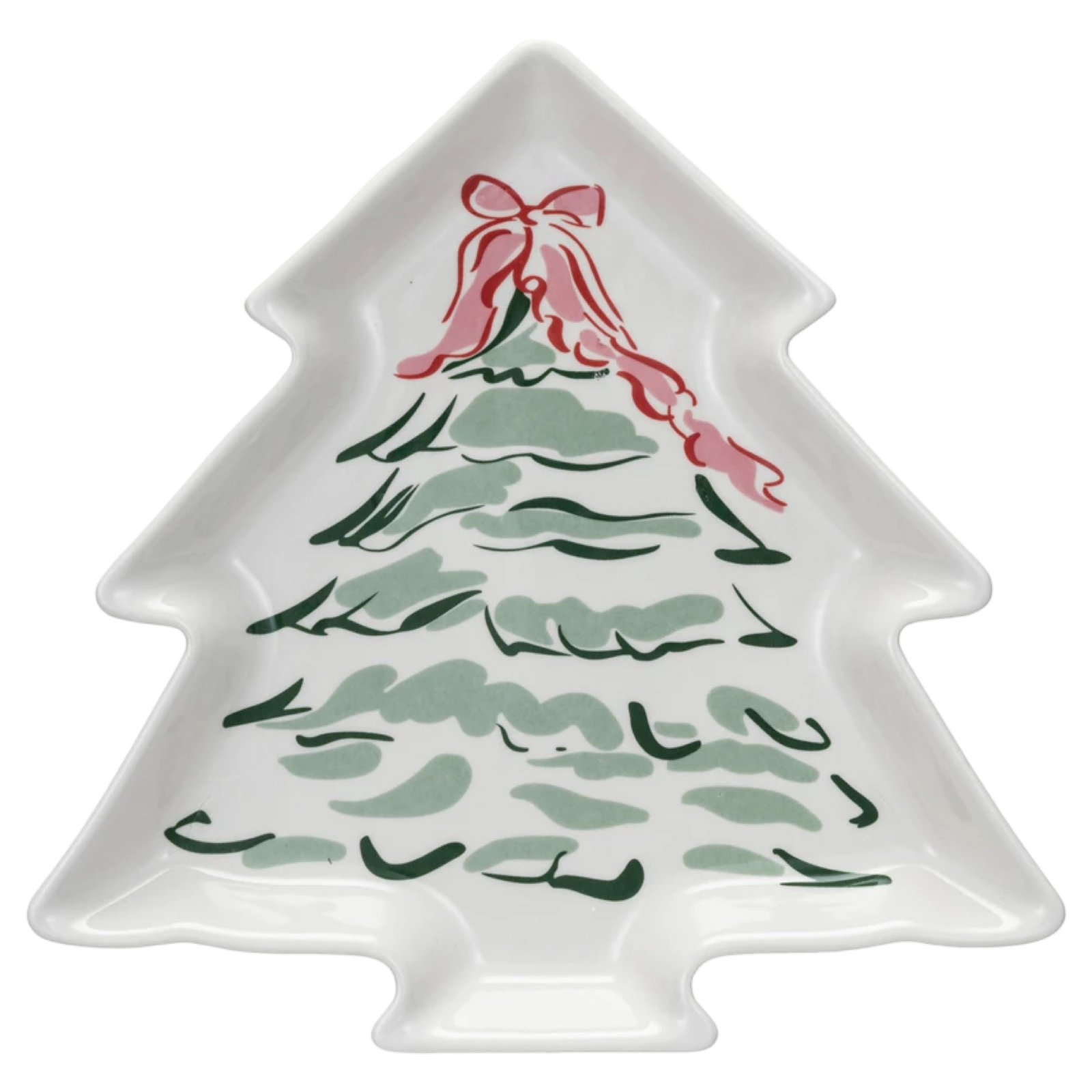 Christmas tree-shaped plate with a red bow on a white background