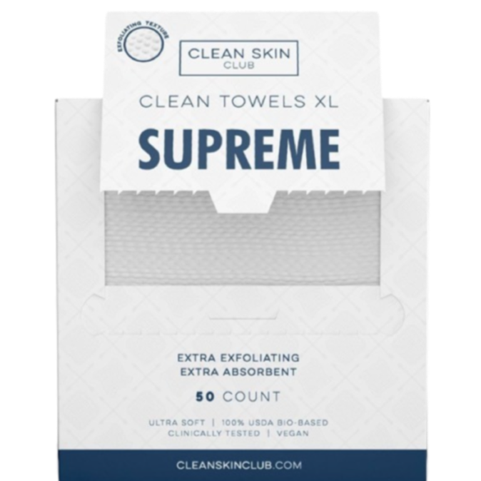 Clean Towels XL Supreme, disposable face towels, clean skin club towels, dual texture face towels, exfoliating disposable towel, makeup remover towel, hygienic face towels, XL skincare towels, travel-friendly skincare towels, gentle face cloth