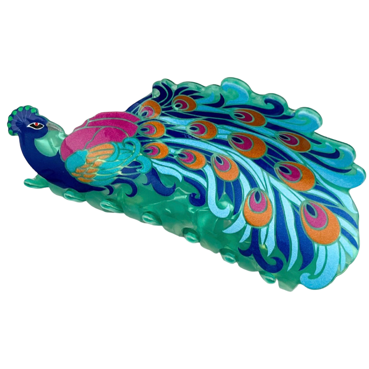 A decorative peacock figurine with a vibrant teal and blue body, a bright pink chest, and a large fanned tail displaying blue, green, orange, and purple eye-like patterns, isolated on a white background.