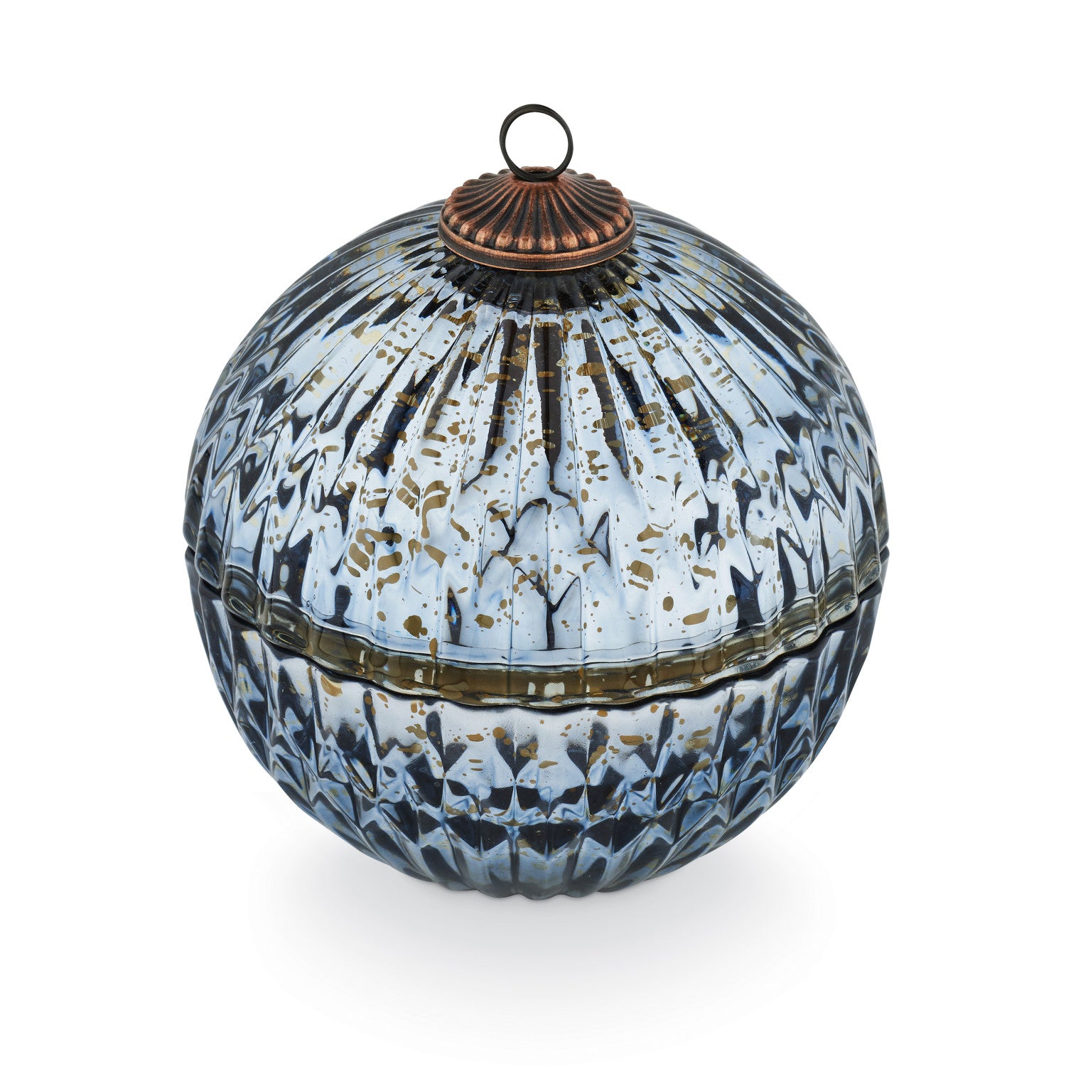 Decorative spherical box with intricate design and metallic lid on a white background