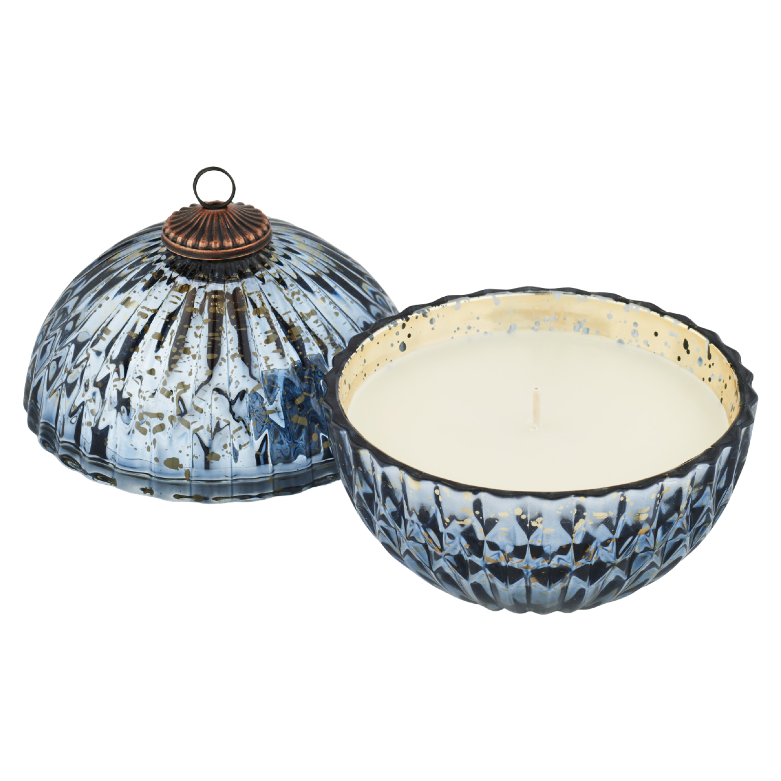 Decorative candle with a blue and white patterned holder on a white background