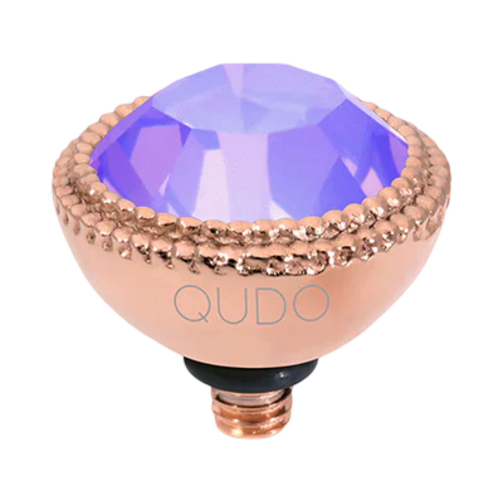 Decorative light bulb with purple gem and rose gold casing on a white background, branded 'QUDO'.