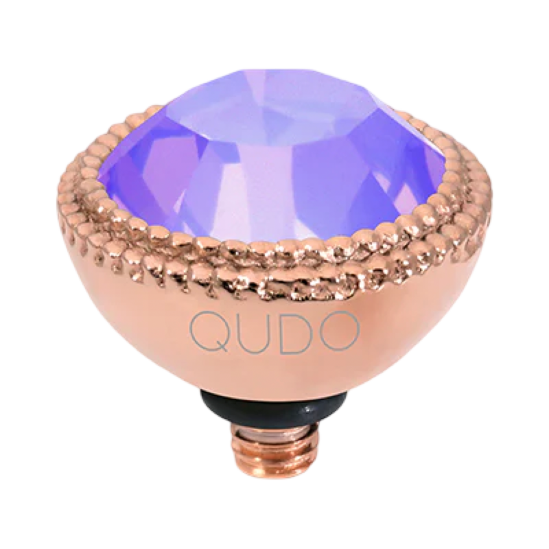 Decorative light bulb with purple gem and rose gold casing on a white background, branded 'QUDO'.