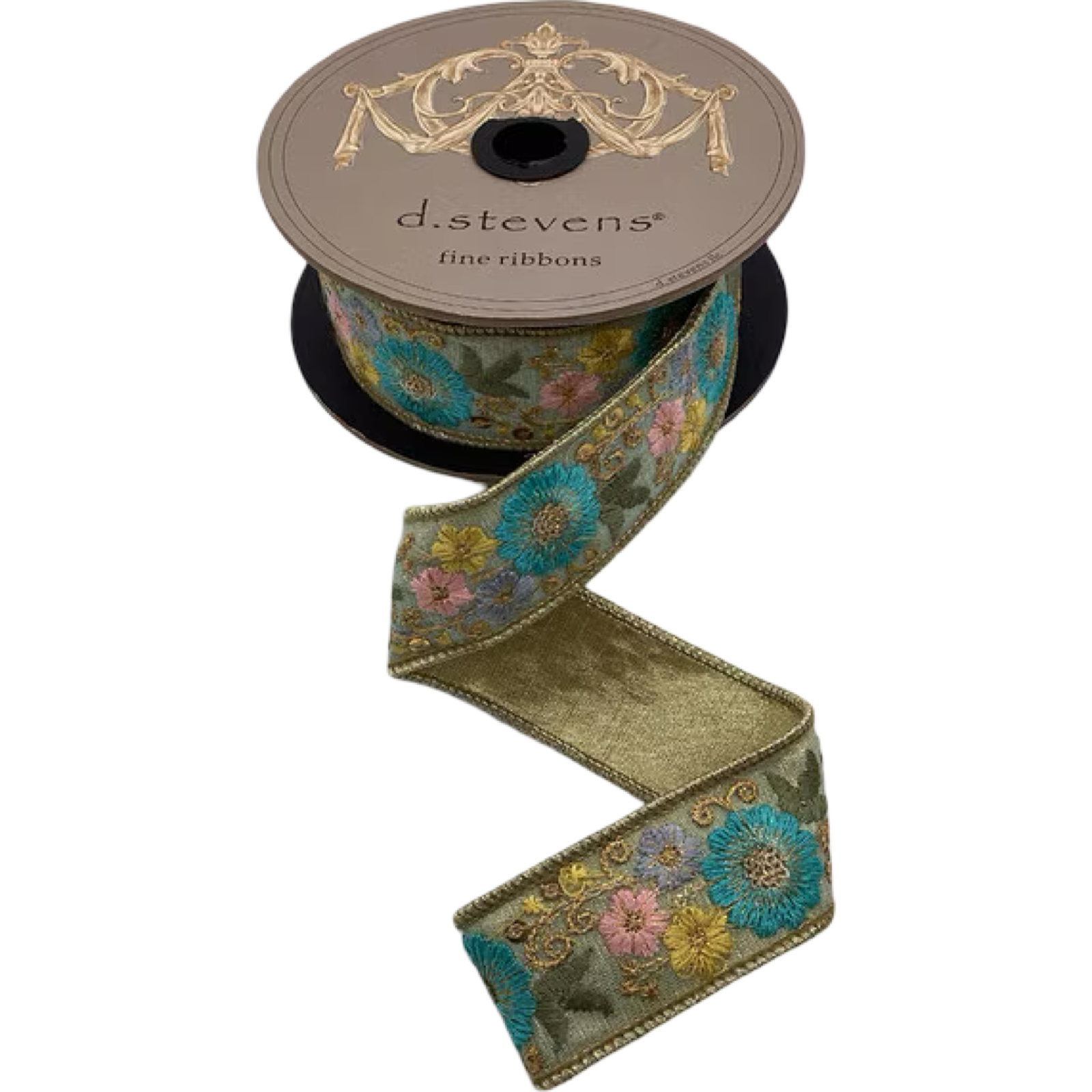 D. Stevens aqua metallic dupion ribbon with pink, teal, and yellow embroidered flowers – 1.5-inch wired designer ribbon roll