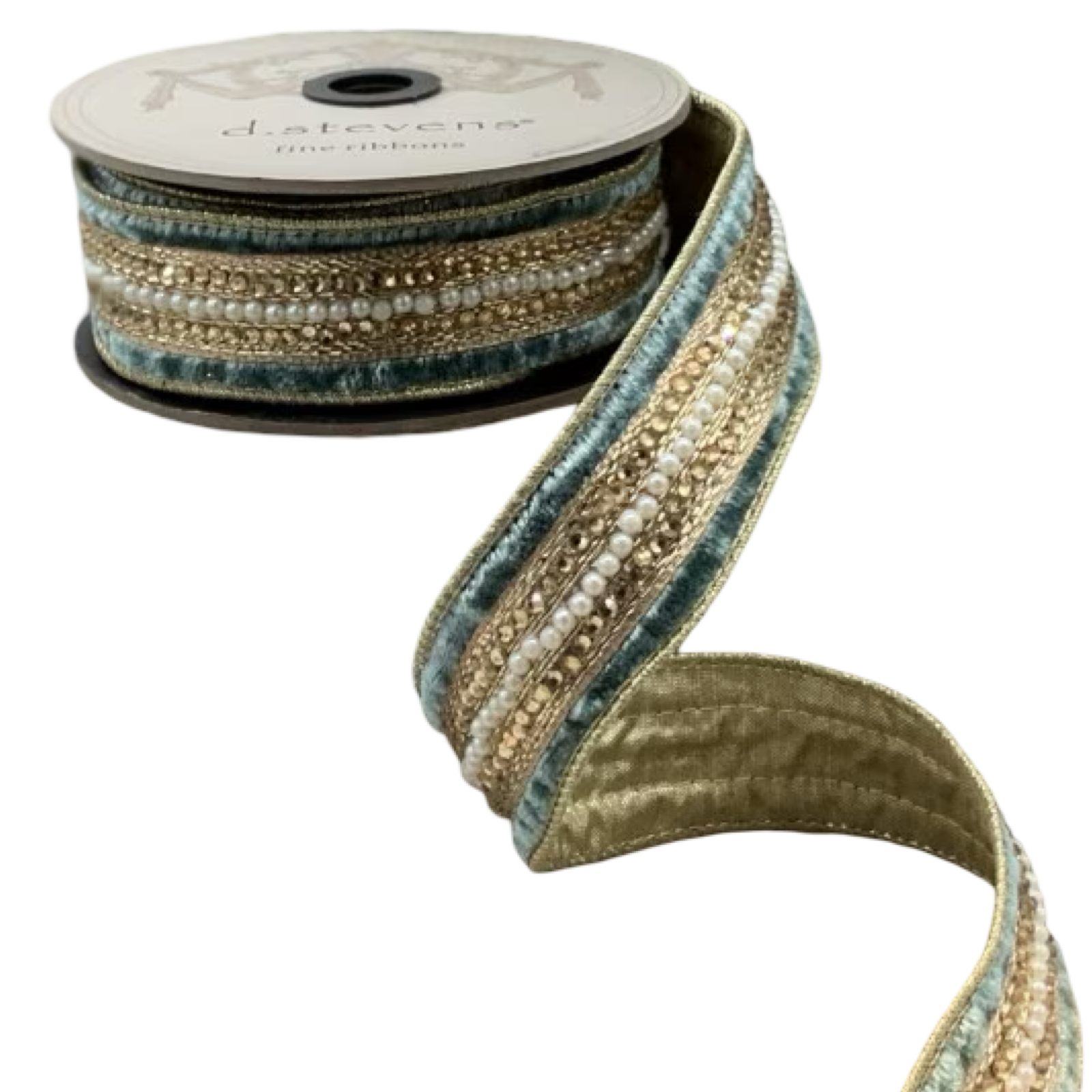 D. Stevens celadon velvet ribbon with pearl and bead trim and metallic gold back – 1.5-inch wired designer ribbon roll