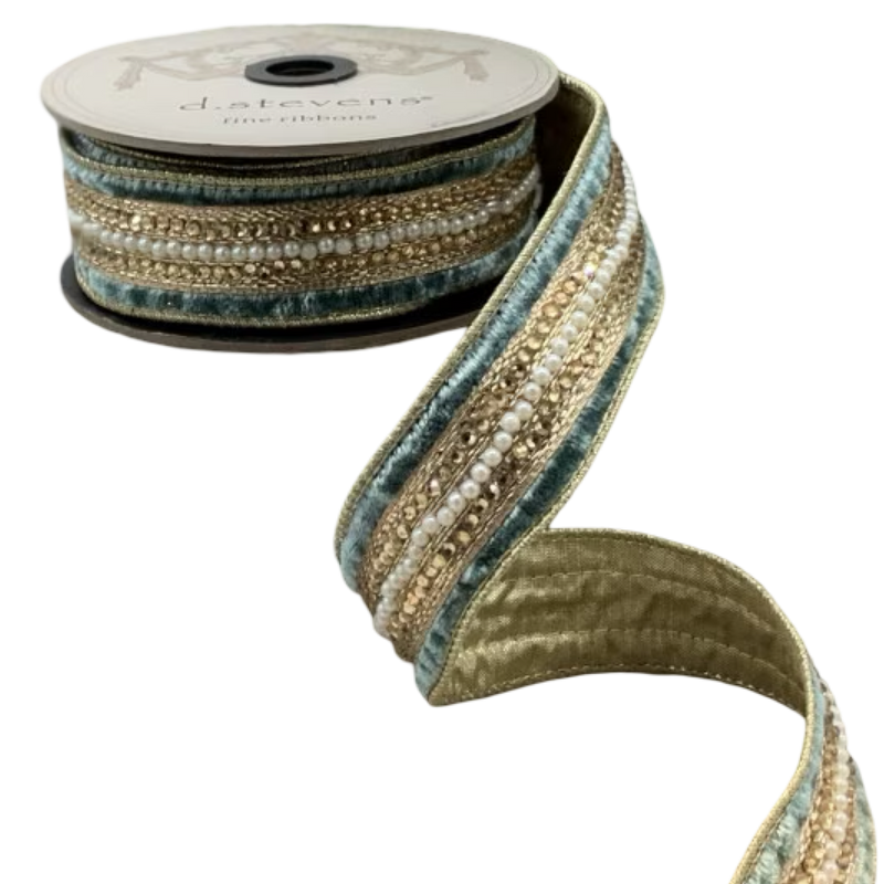 D. Stevens celadon velvet ribbon with pearl and bead trim and metallic gold back – 1.5-inch wired designer ribbon roll