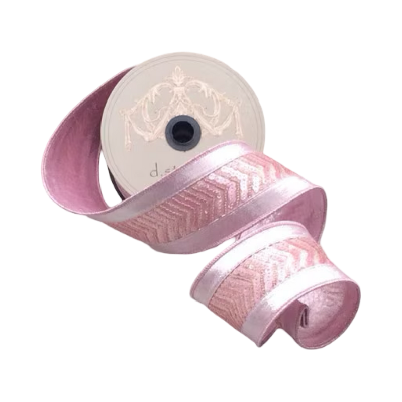 D. Stevens metallic dupion sequin chevron ribbon in pink – 2.5-inch wired designer ribbon roll