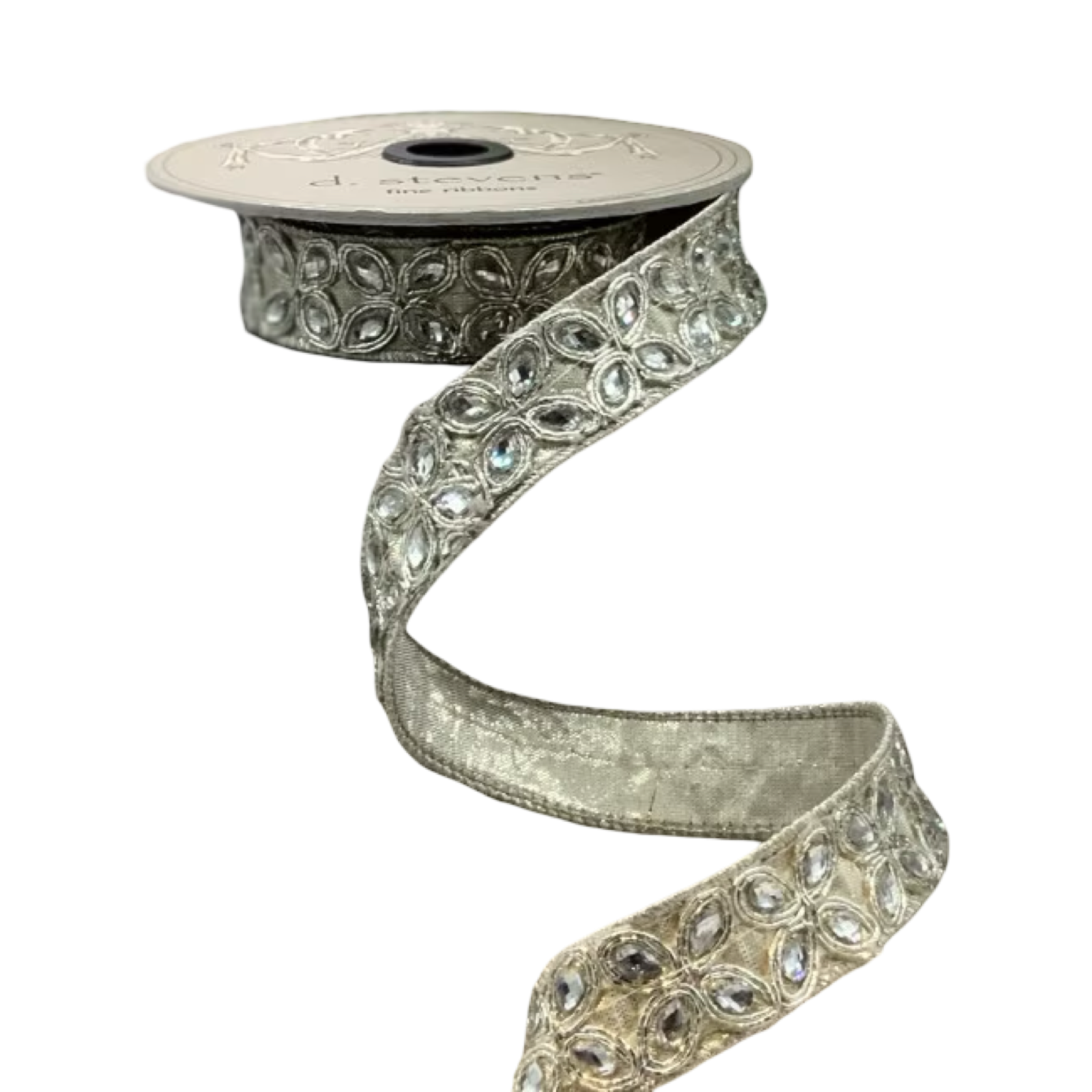 Decorative ribbon with gemstone-like embellishments on a white background