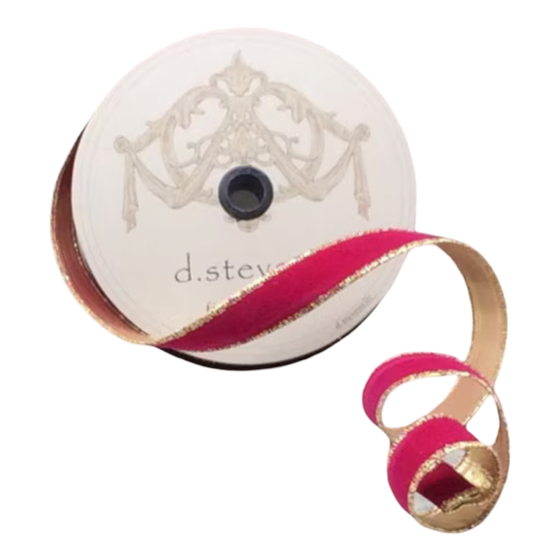 Dark rose flocked velvet ribbon with metallic gold backing, 1 inch wide, curled beside a 25-yard spool for bows, wreaths, garlands and gift wrapping.
