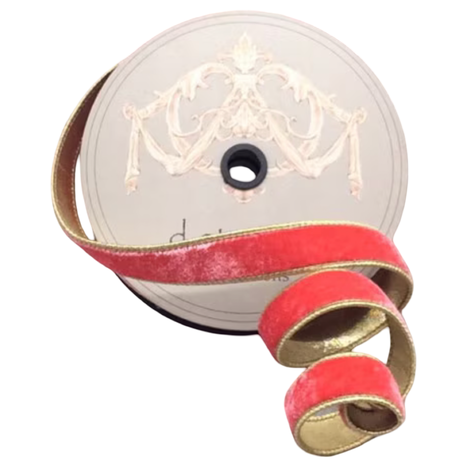 Desert coral lush velvet ribbon with metallic gold backing and gold edging, 1 inch wide, shown curled beside a 10-yard spool for bows, wreaths, ornaments, and gift wrapping.