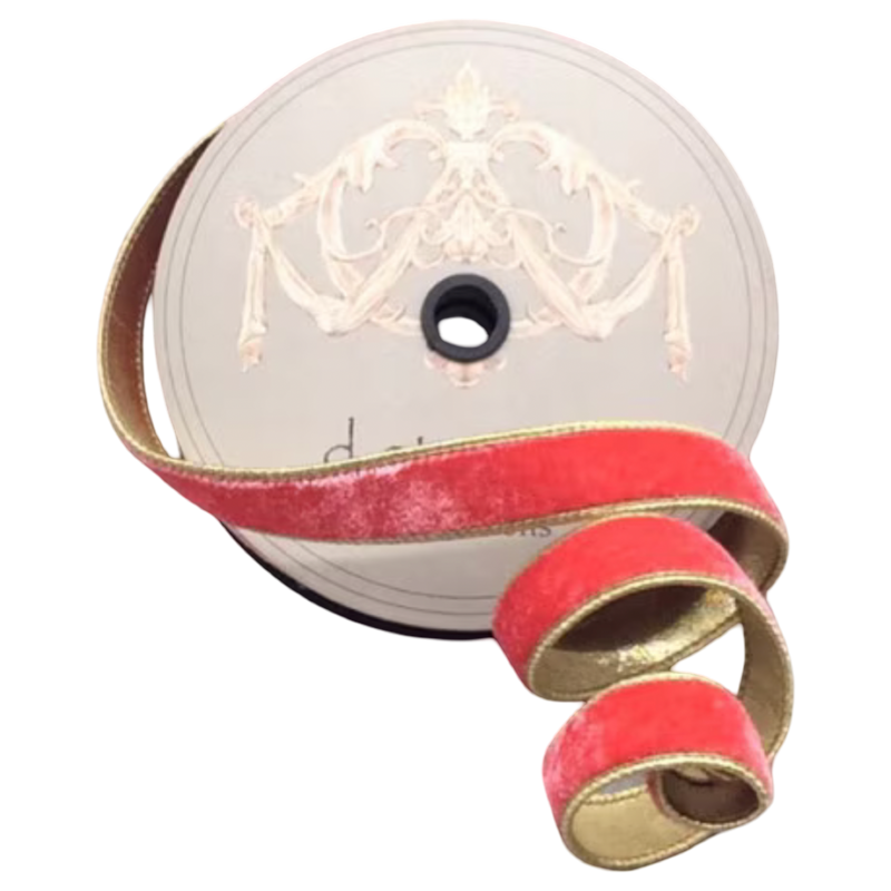 Desert coral lush velvet ribbon with metallic gold backing and gold edging, 1 inch wide, shown curled beside a 10-yard spool for bows, wreaths, ornaments, and gift wrapping.