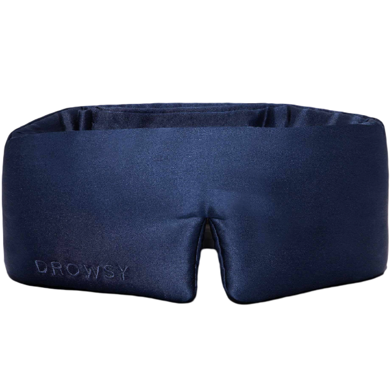 Navy blue sleep mask with 'Drowsy' branding on a white background