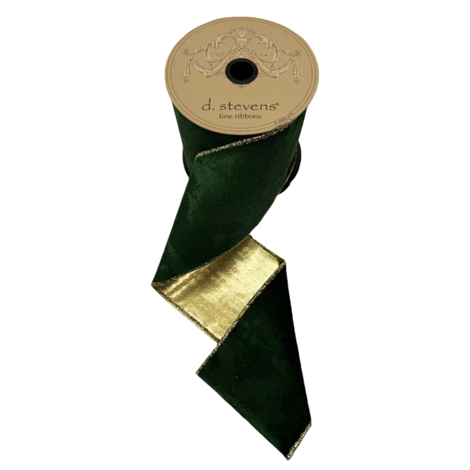 Emerald green cloud velvet ribbon with metallic gold backing and gold edging, 4 inches wide, shown unrolled from a 10-yard spool for Christmas trees, wreaths, bows, and garlands.