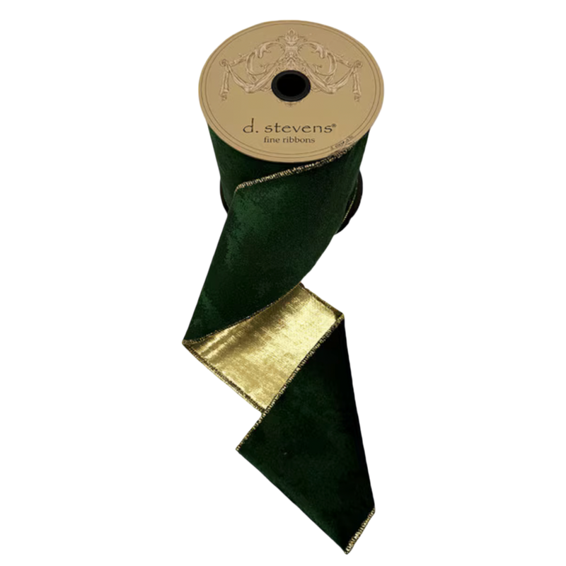 Emerald green cloud velvet ribbon with metallic gold backing and gold edging, 4 inches wide, shown unrolled from a 10-yard spool for Christmas trees, wreaths, bows, and garlands.
