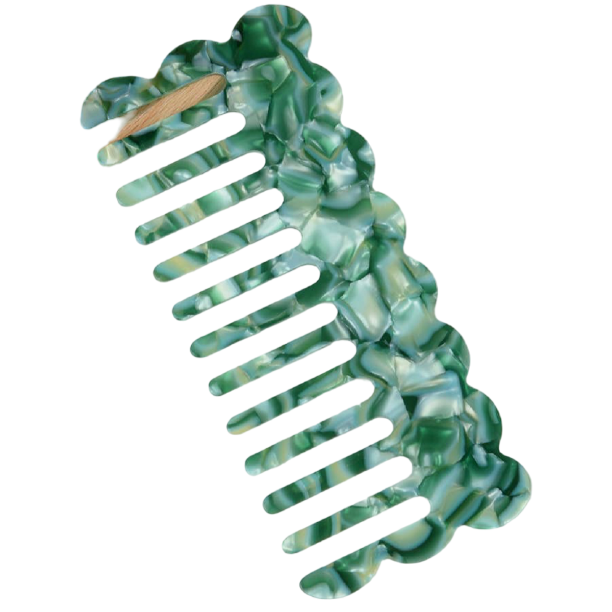 A wide-tooth hair comb with a glossy, marbled green and blue shell-like pattern and a small natural wood accent on the top, shown against a solid white background.