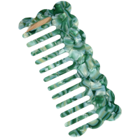 A wide-tooth hair comb with a glossy, marbled green and blue shell-like pattern and a small natural wood accent on the top, shown against a solid white background.