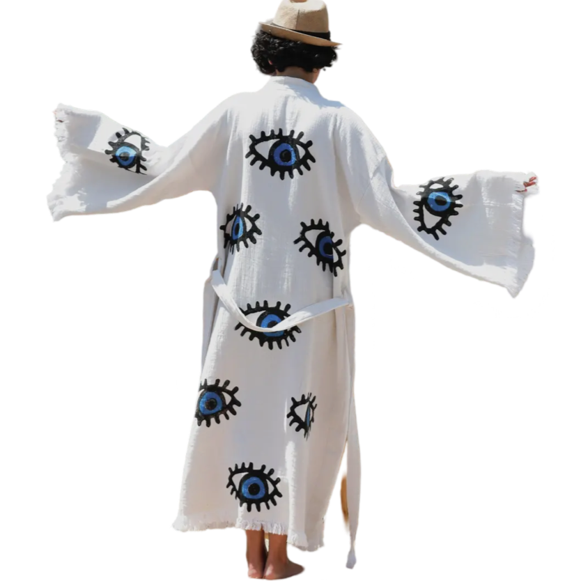 Evil Eye Kaftan Kimono, organic cotton cover-up, Turkish evil eye kimono, protective clothing, quick-drying beachwear, adjustable waist kimono, trendy summer cover-up